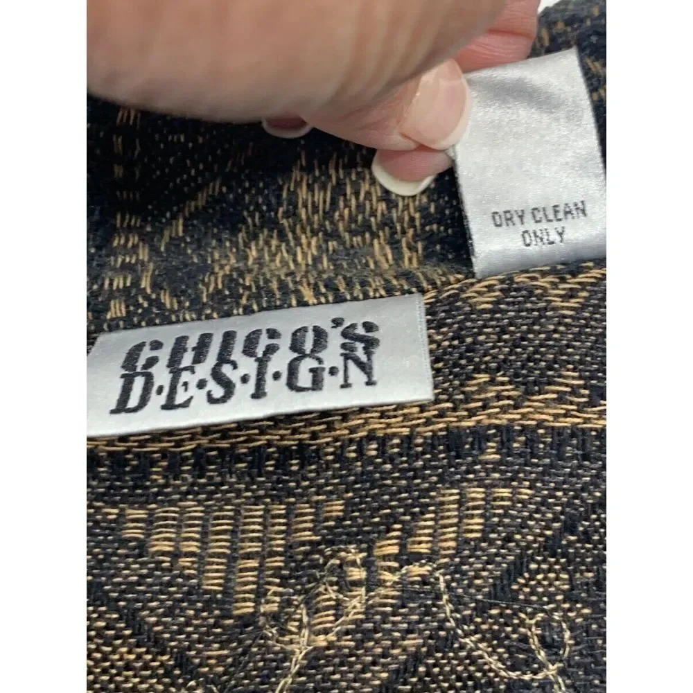 Chico's Design LS Button Front‎ Silk Blend Jacket Black/Tan Beaded Embroidered M
